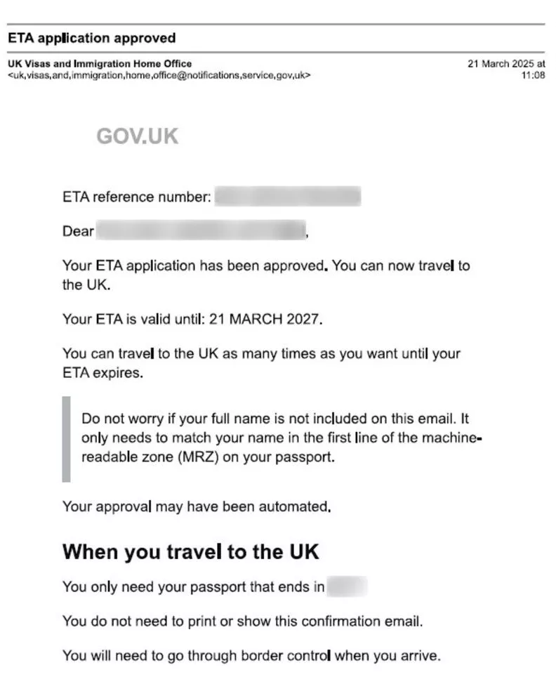Sample UK ETA approval email